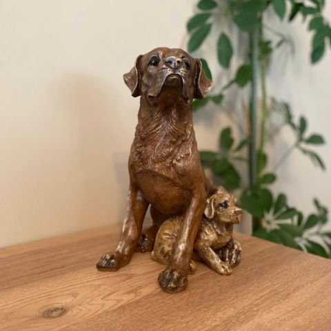 Golden Retriever Köpek ve Yavrusu Bahçe Dekoru Biblo Heykel