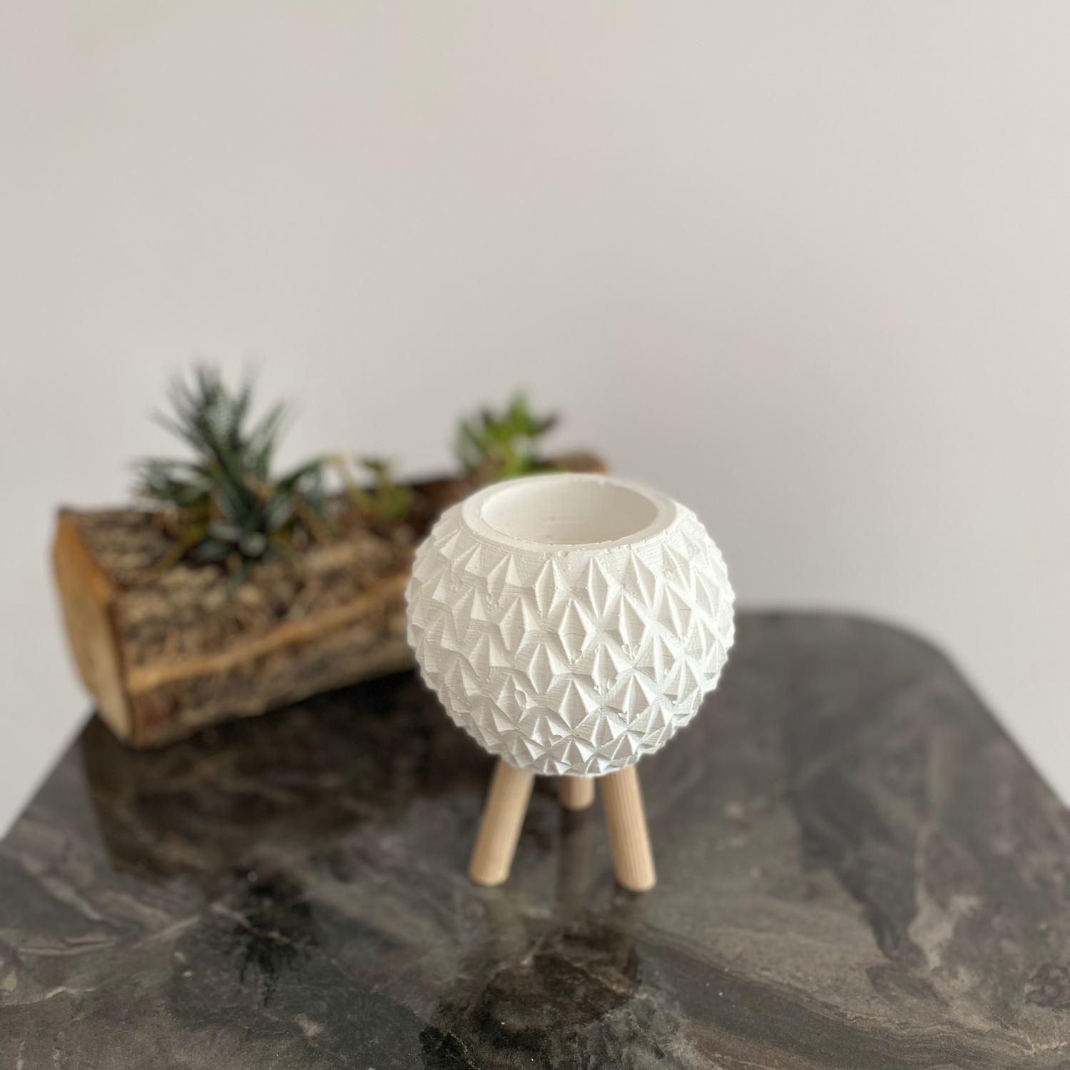 Ahşap Ayaklı Küçük Bakla Desen Kaktüs Saksı