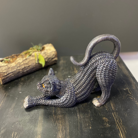 Hasır Dokulu Esneyen Kedi Dekoratif Biblo