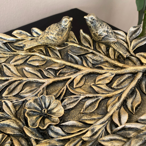 Dallı 2 Kuşlu Yaprak Gold Altın Dekoratif Tabak