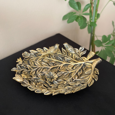 Dallı 2 Kuşlu Yaprak Gold Altın Dekoratif Tabak