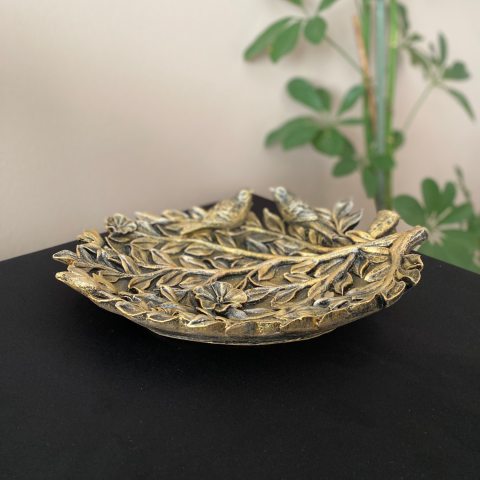 Dallı 2 Kuşlu Yaprak Gold Altın Dekoratif Tabak